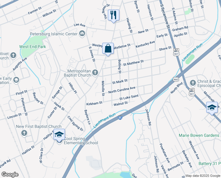 map of restaurants, bars, coffee shops, grocery stores, and more near 1118 Saint James Street in Petersburg