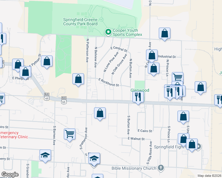 map of restaurants, bars, coffee shops, grocery stores, and more near 515 North Oak Grove Avenue in Springfield