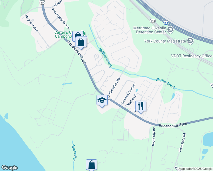 map of restaurants, bars, coffee shops, grocery stores, and more near 13 Sparrow Court in Williamsburg