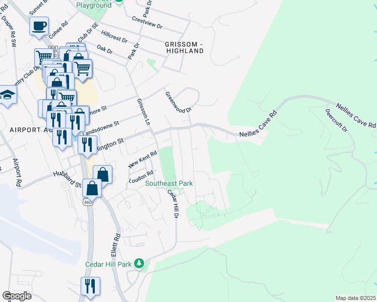 map of restaurants, bars, coffee shops, grocery stores, and more near 1805 Gardenspring Drive in Blacksburg