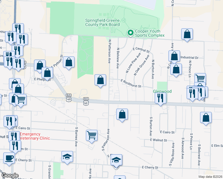 map of restaurants, bars, coffee shops, grocery stores, and more near 526 North Patterson Avenue in Springfield