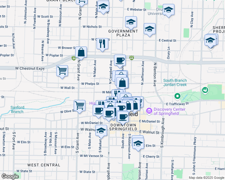 map of restaurants, bars, coffee shops, grocery stores, and more near 327 West Mill Street in Springfield