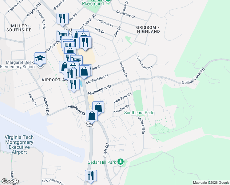 map of restaurants, bars, coffee shops, grocery stores, and more near 319 Charles Street in Blacksburg