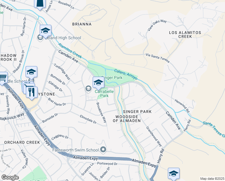 map of restaurants, bars, coffee shops, grocery stores, and more near 6861 Queenswood Way in San Jose