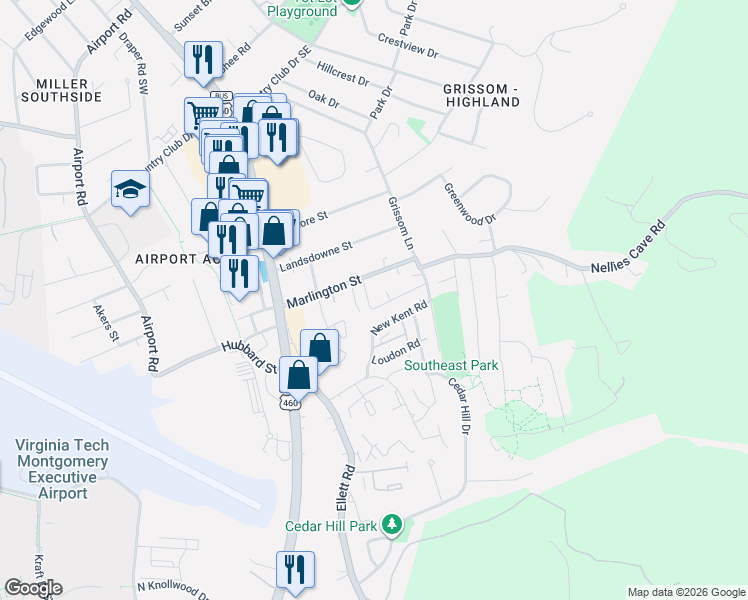 map of restaurants, bars, coffee shops, grocery stores, and more near 319 Charles Street in Blacksburg