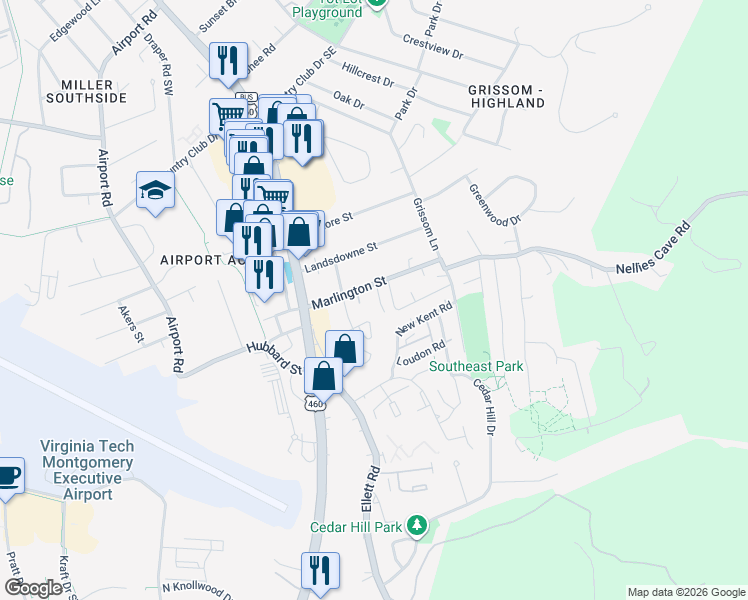 map of restaurants, bars, coffee shops, grocery stores, and more near 206 Marlington Street in Blacksburg