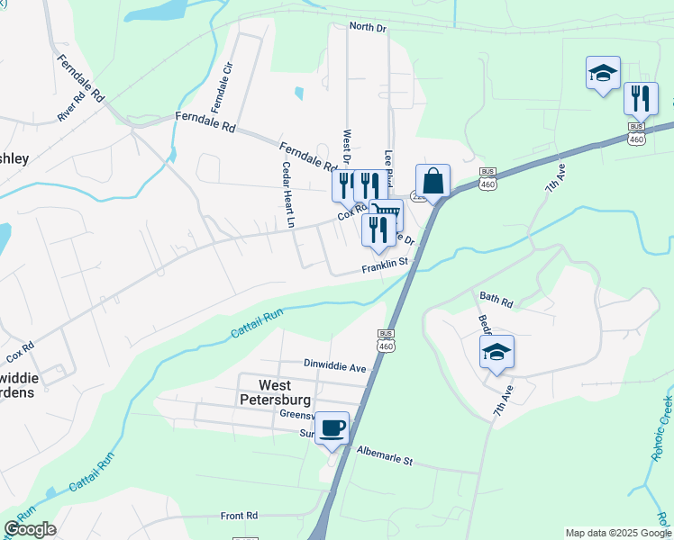 map of restaurants, bars, coffee shops, grocery stores, and more near 25804 Franklin Street in Petersburg