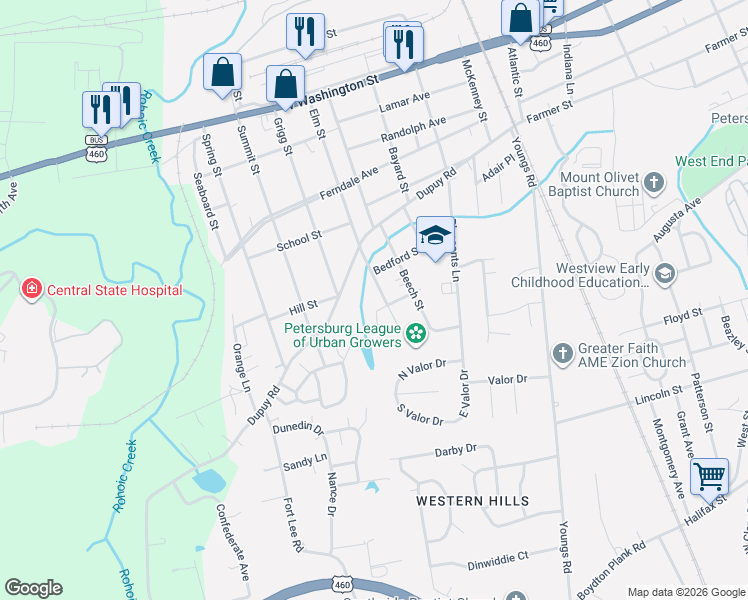 map of restaurants, bars, coffee shops, grocery stores, and more near 424 Elm Street in Petersburg