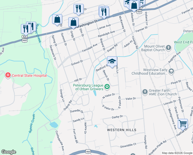 map of restaurants, bars, coffee shops, grocery stores, and more near 424 Elm Street in Petersburg