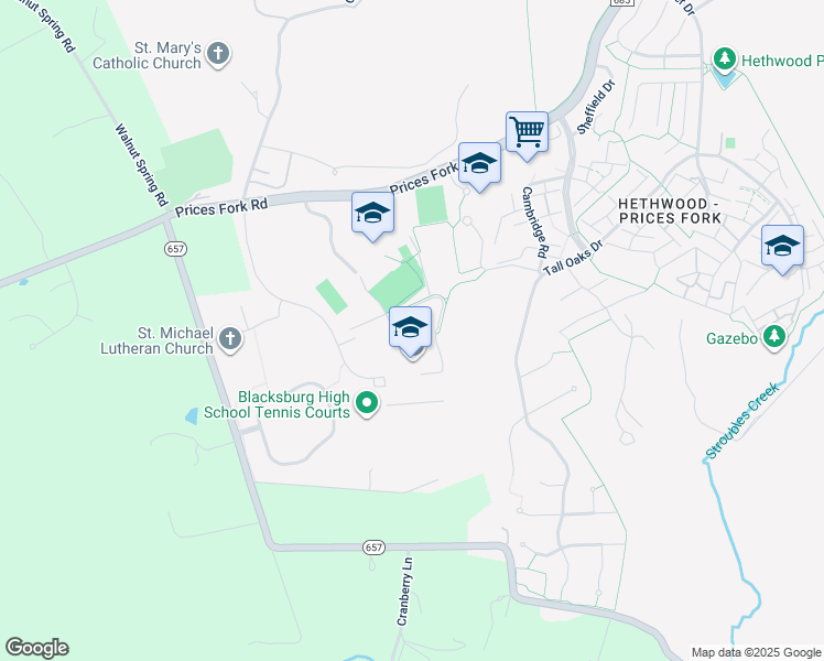 map of restaurants, bars, coffee shops, grocery stores, and more near 3109 Prices Fork Road in Blacksburg