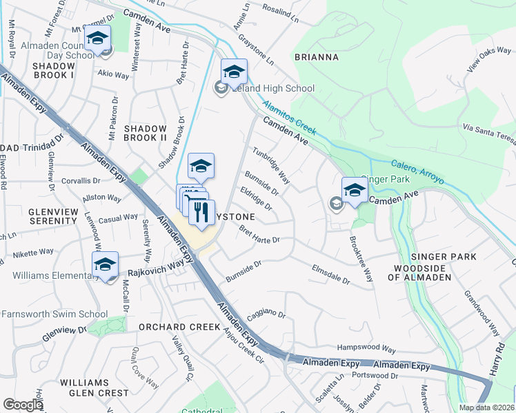 map of restaurants, bars, coffee shops, grocery stores, and more near 6851 Eldridge Drive in San Jose