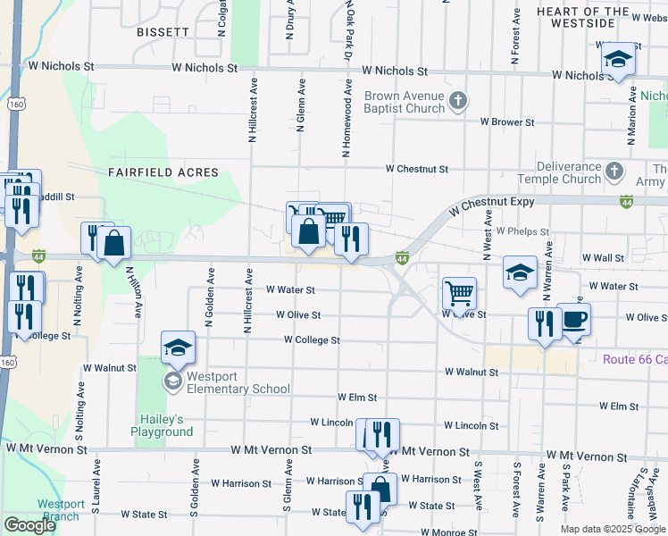 map of restaurants, bars, coffee shops, grocery stores, and more near 2804 West Chestnut Expressway in Springfield