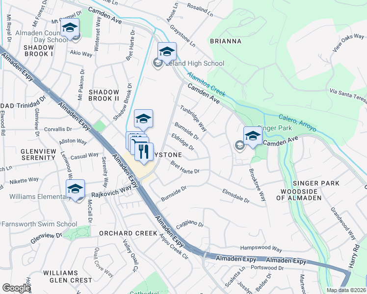 map of restaurants, bars, coffee shops, grocery stores, and more near 6851 Eldridge Drive in San Jose
