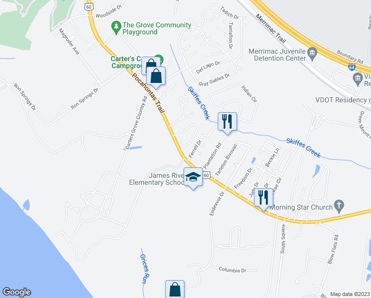 map of restaurants, bars, coffee shops, grocery stores, and more near 1954 Algonquin Trail in Williamsburg