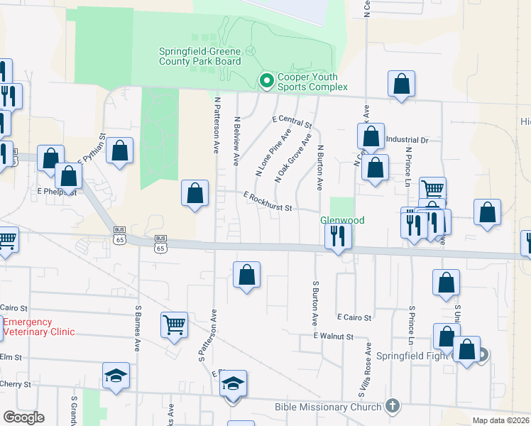 map of restaurants, bars, coffee shops, grocery stores, and more near 515 N Oak Grove Ave in Springfield