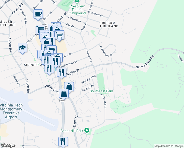 map of restaurants, bars, coffee shops, grocery stores, and more near 415 New Kent Road in Blacksburg