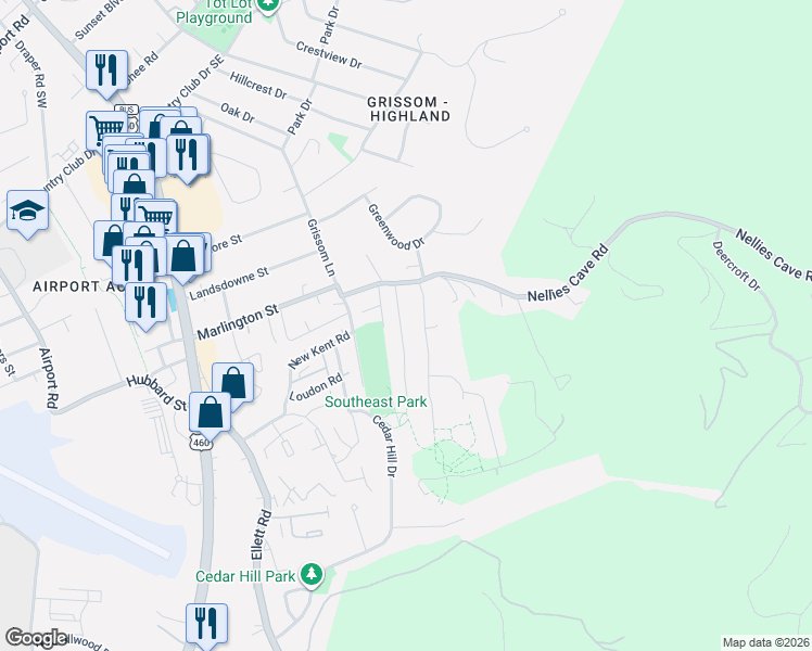 map of restaurants, bars, coffee shops, grocery stores, and more near 1805 Gardenspring Drive in Blacksburg