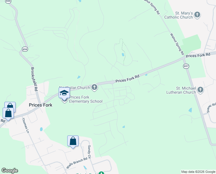 map of restaurants, bars, coffee shops, grocery stores, and more near 3871 Prices Fork Road in Blacksburg