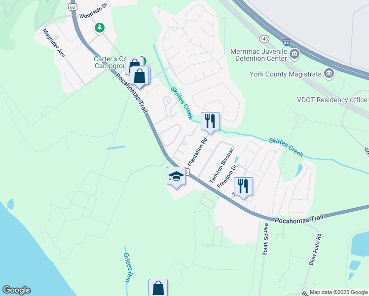 map of restaurants, bars, coffee shops, grocery stores, and more near 12 Sidewinder Court in Williamsburg