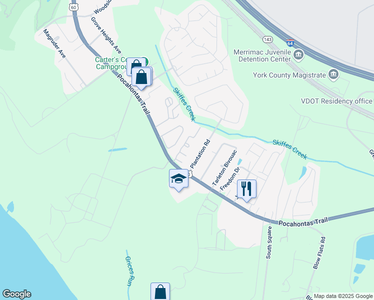 map of restaurants, bars, coffee shops, grocery stores, and more near 12 Sidewinder Court in Williamsburg