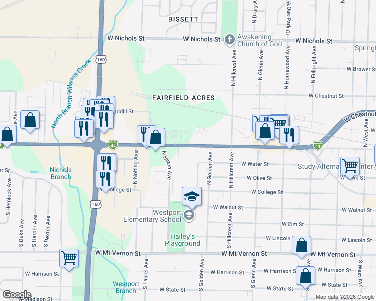 map of restaurants, bars, coffee shops, grocery stores, and more near 3154 West Chestnut Expressway in Springfield