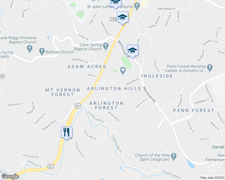map of restaurants, bars, coffee shops, grocery stores, and more near 4209 Arlington Hills Drive in Cave Spring