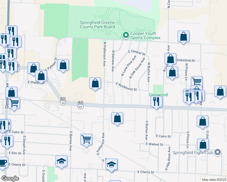 map of restaurants, bars, coffee shops, grocery stores, and more near 529 N Lone Pine Ave in Springfield