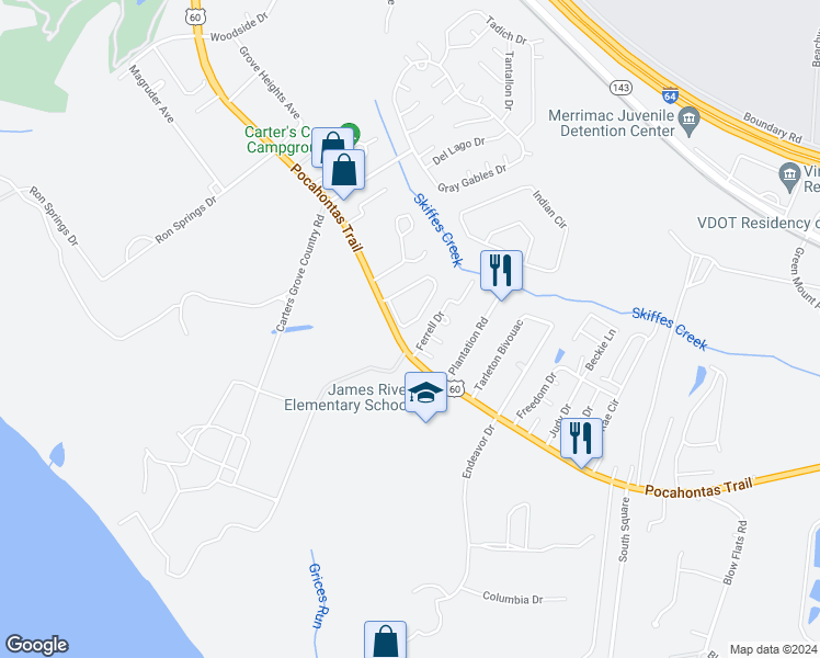 map of restaurants, bars, coffee shops, grocery stores, and more near 1953 Algonquin Trail in Williamsburg