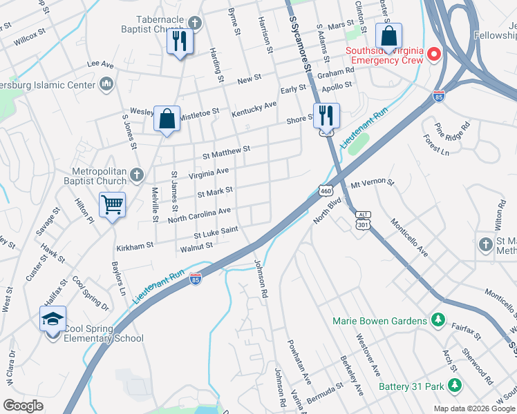 map of restaurants, bars, coffee shops, grocery stores, and more near 222 North Carolina Avenue in Petersburg