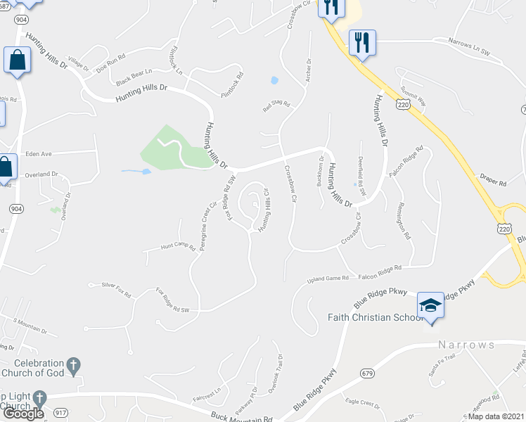 map of restaurants, bars, coffee shops, grocery stores, and more near 4915 Hunting Hills Court in Roanoke