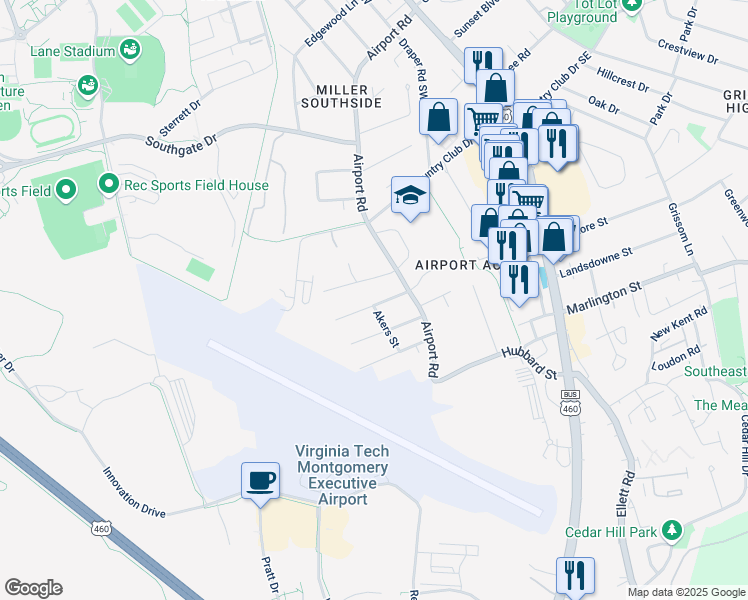 map of restaurants, bars, coffee shops, grocery stores, and more near 512 Fairview Avenue in Blacksburg