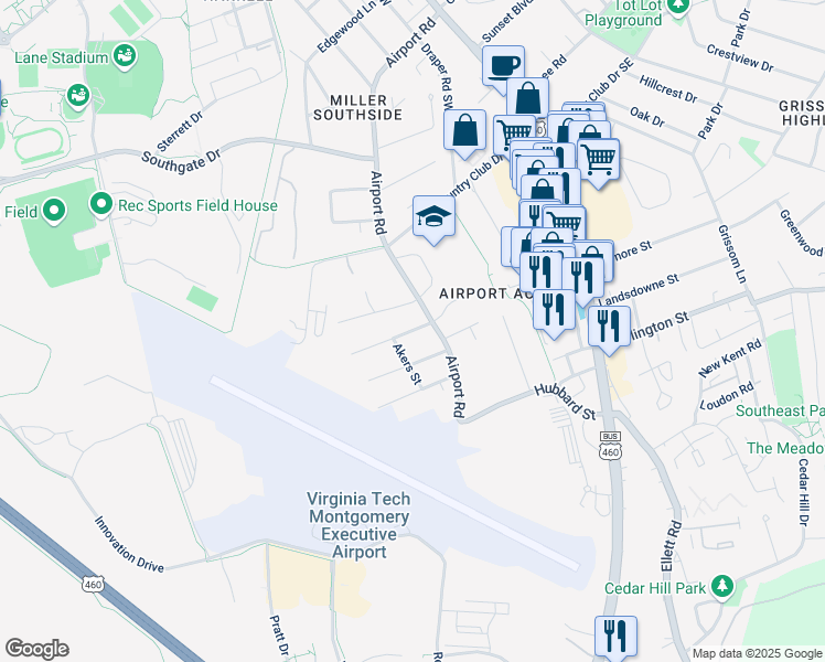 map of restaurants, bars, coffee shops, grocery stores, and more near 512 Fairview Avenue in Blacksburg
