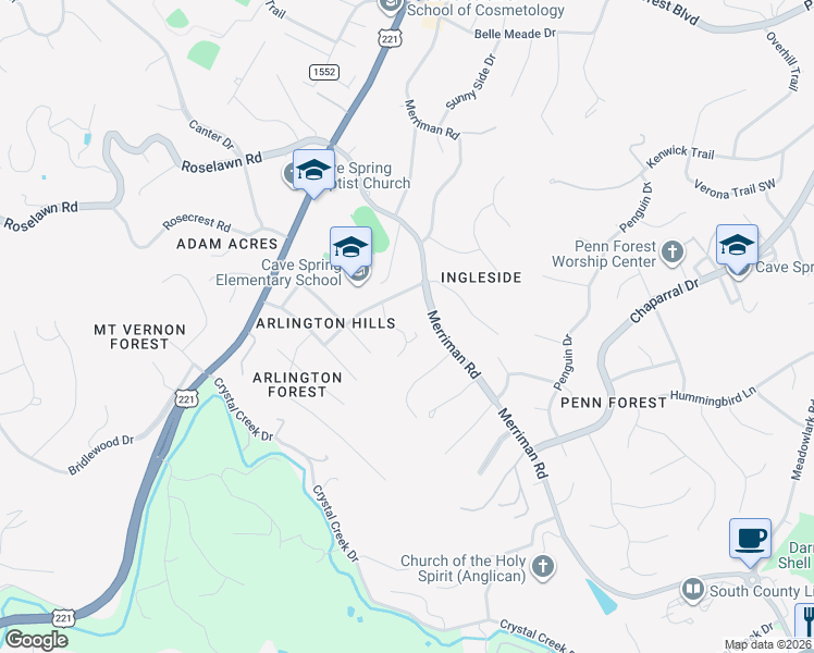 map of restaurants, bars, coffee shops, grocery stores, and more near 5522 Lynn Dell Road in Cave Spring