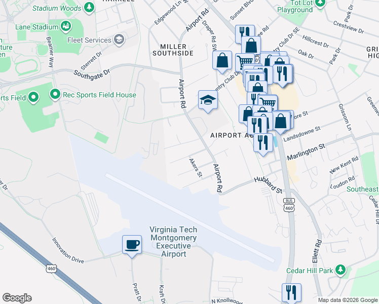 map of restaurants, bars, coffee shops, grocery stores, and more near 512 Fairview Avenue in Blacksburg