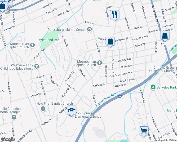 map of restaurants, bars, coffee shops, grocery stores, and more near 1133 Arlington Street in Petersburg