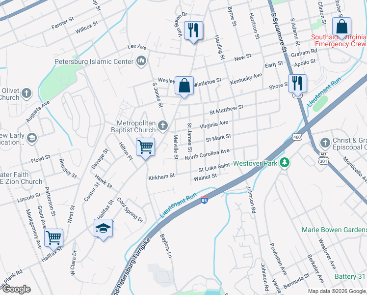 map of restaurants, bars, coffee shops, grocery stores, and more near 620 Saint Mark Street in Petersburg