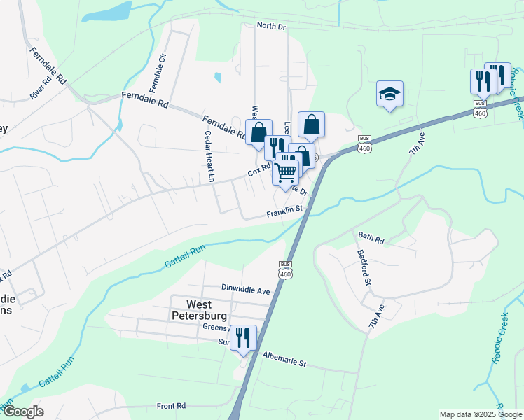 map of restaurants, bars, coffee shops, grocery stores, and more near 25804 Franklin Street in Petersburg