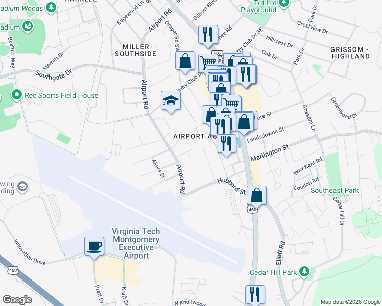 map of restaurants, bars, coffee shops, grocery stores, and more near 1501 Lincoln Lane in Blacksburg