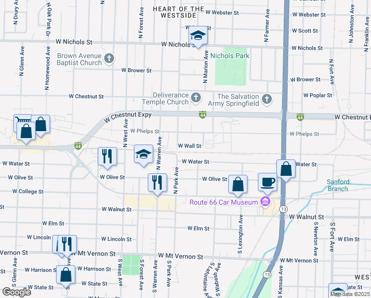 map of restaurants, bars, coffee shops, grocery stores, and more near 2154 West Wall Street in Springfield