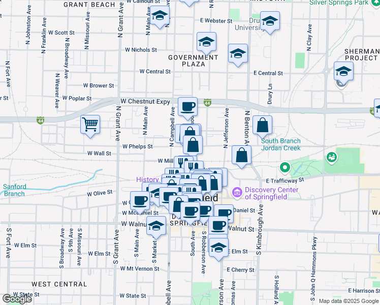 map of restaurants, bars, coffee shops, grocery stores, and more near 415 N Boonville Ave in Springfield