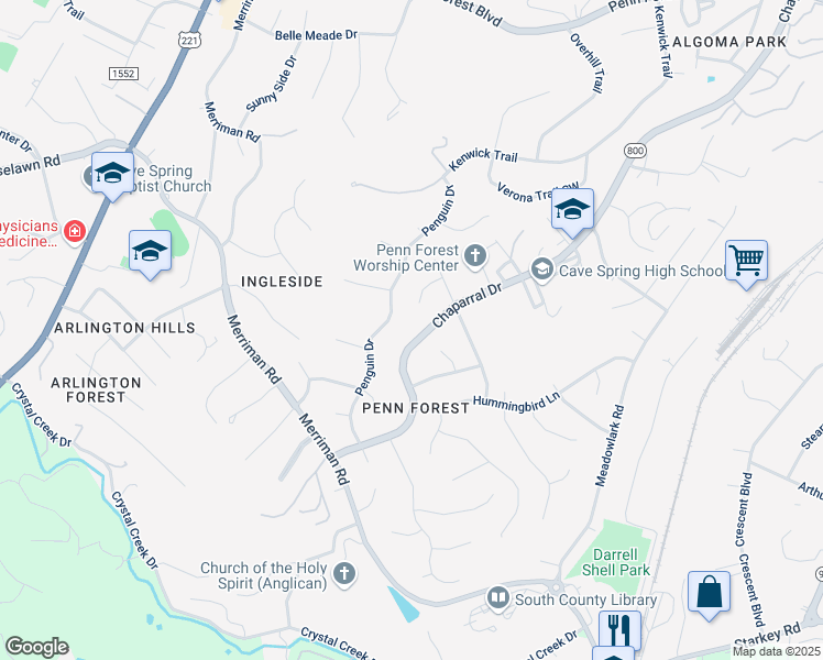 map of restaurants, bars, coffee shops, grocery stores, and more near 5712 Penguin Drive in Cave Spring