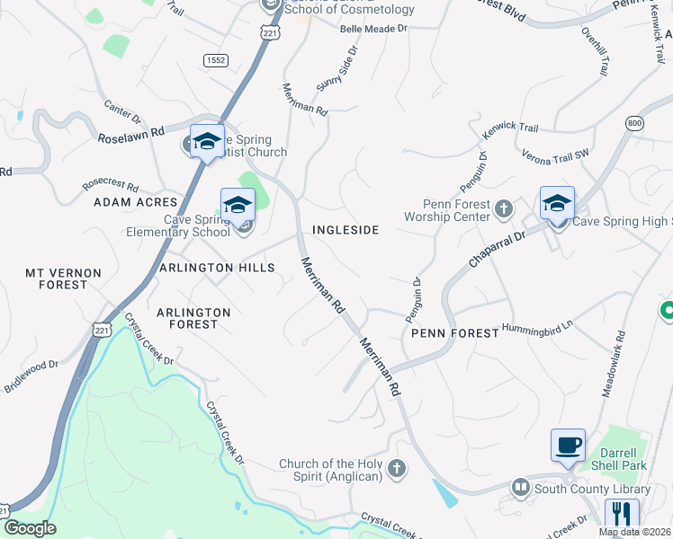 map of restaurants, bars, coffee shops, grocery stores, and more near 5537-5637 Ingleside Drive in Cave Spring