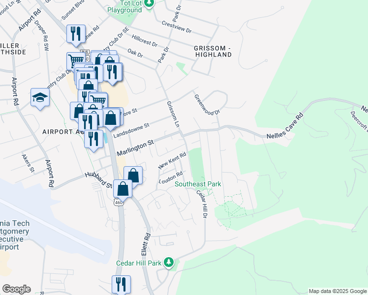 map of restaurants, bars, coffee shops, grocery stores, and more near 415 New Kent Road in Blacksburg