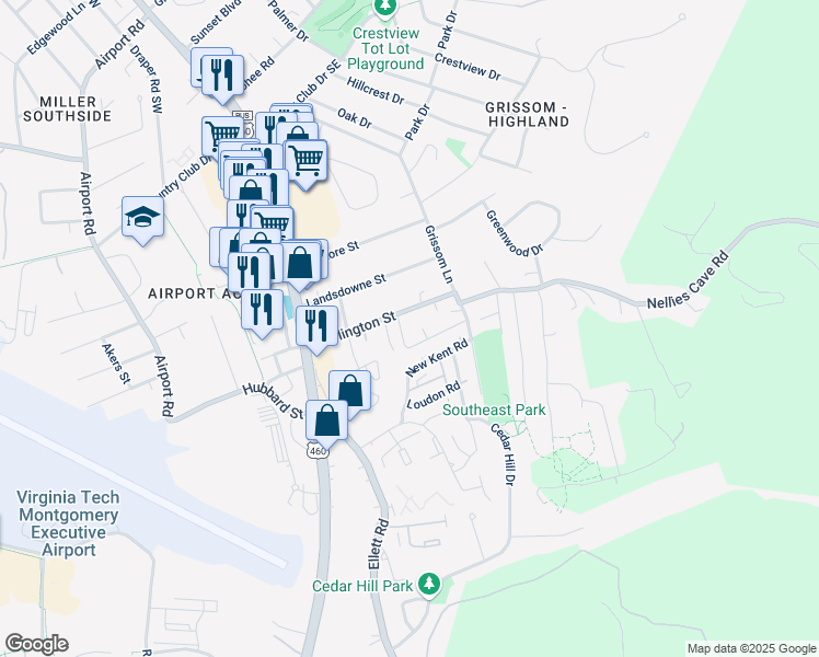 map of restaurants, bars, coffee shops, grocery stores, and more near 319 Charles Street in Blacksburg