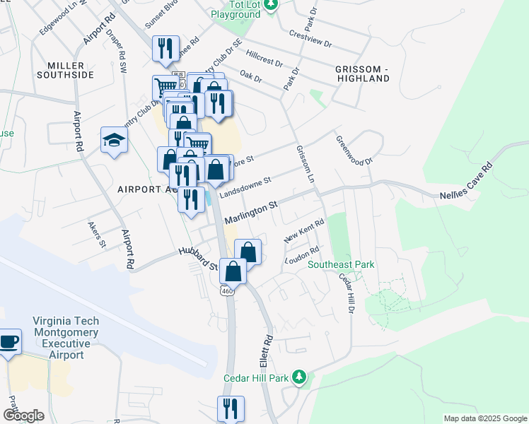 map of restaurants, bars, coffee shops, grocery stores, and more near 206 Marlington Street in Blacksburg