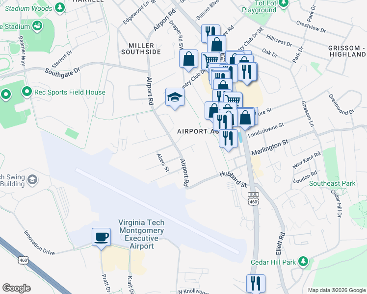 map of restaurants, bars, coffee shops, grocery stores, and more near 810-898 Airport Road in Blacksburg