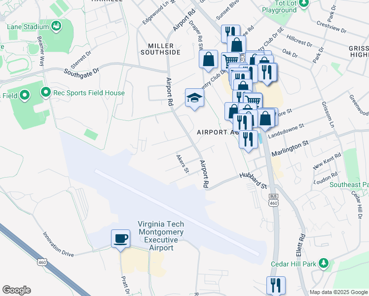 map of restaurants, bars, coffee shops, grocery stores, and more near 512 Fairview Avenue in Blacksburg