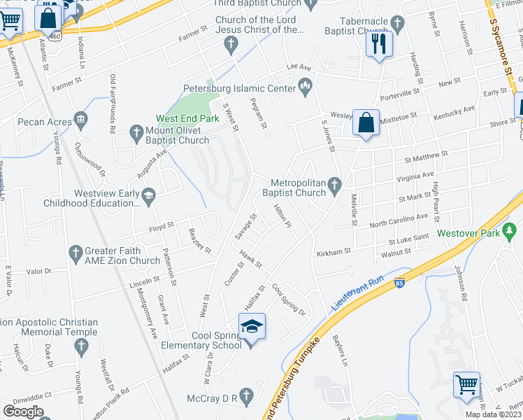 map of restaurants, bars, coffee shops, grocery stores, and more near 1227 Hamilton Street in Petersburg