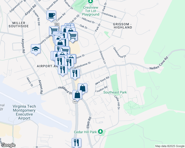 map of restaurants, bars, coffee shops, grocery stores, and more near 1705 Emerald Street in Blacksburg