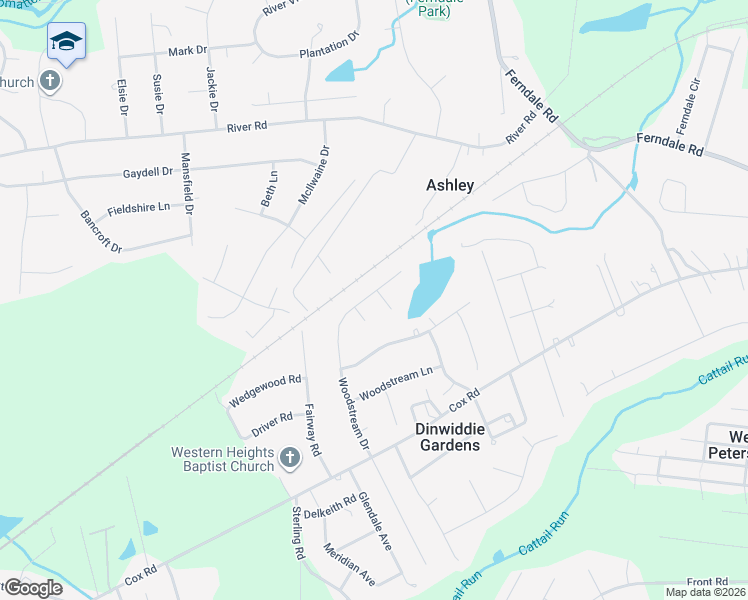 map of restaurants, bars, coffee shops, grocery stores, and more near 4403 Woodstream Drive in Petersburg